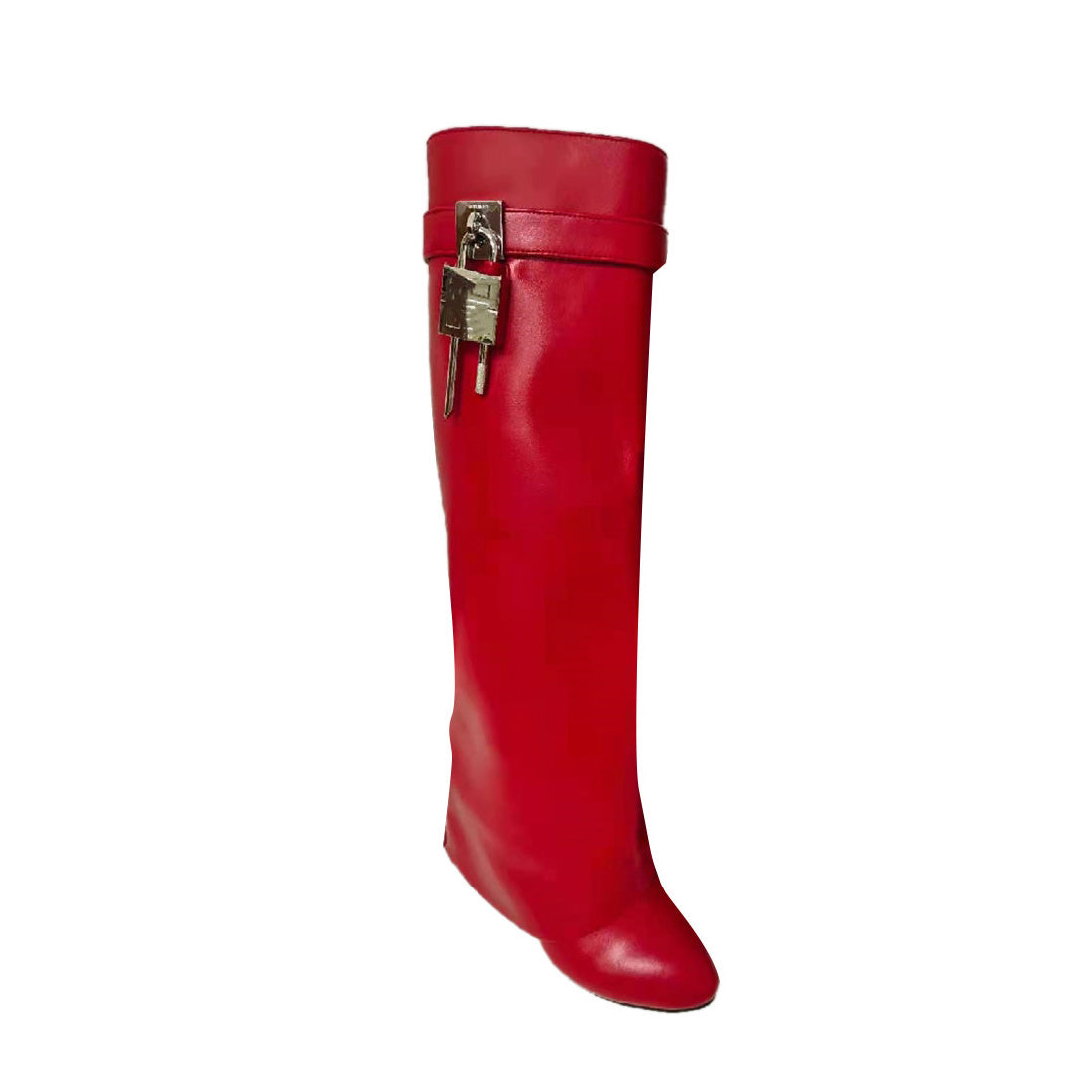 Lock Detailed Leather Wedged Heel Knee High Boots