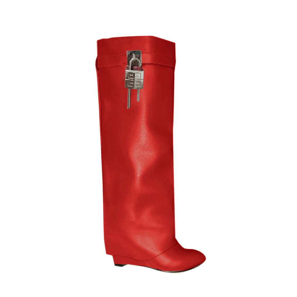 Lock Detailed Leather Wedged Heel Knee High Boots