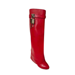 Lock Detailed Leather Wedged Heel Knee High Boots