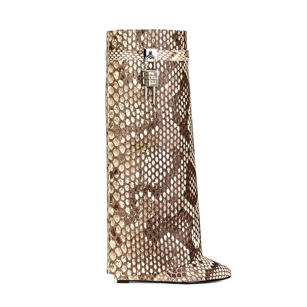 Lock Detailed Leather Wedged Heel Knee High Boots