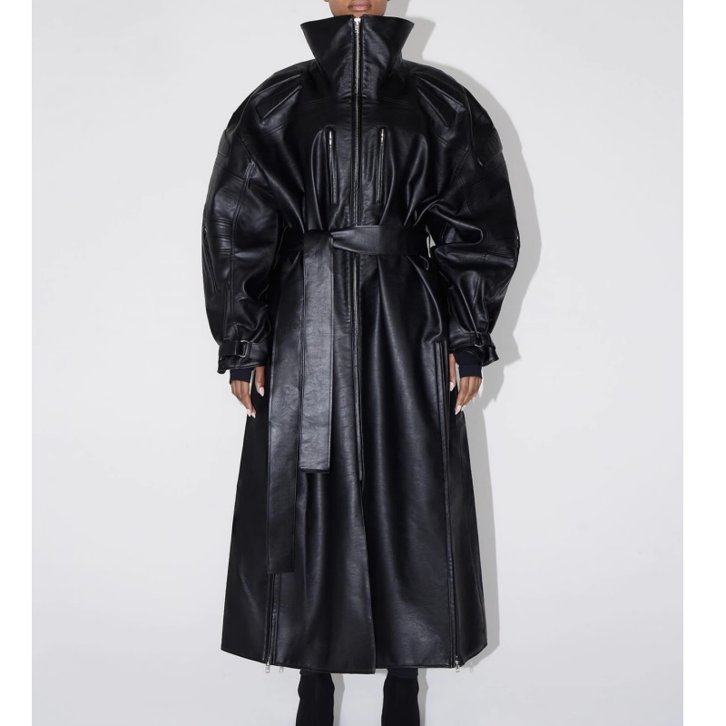 Strap Leather Long Coat