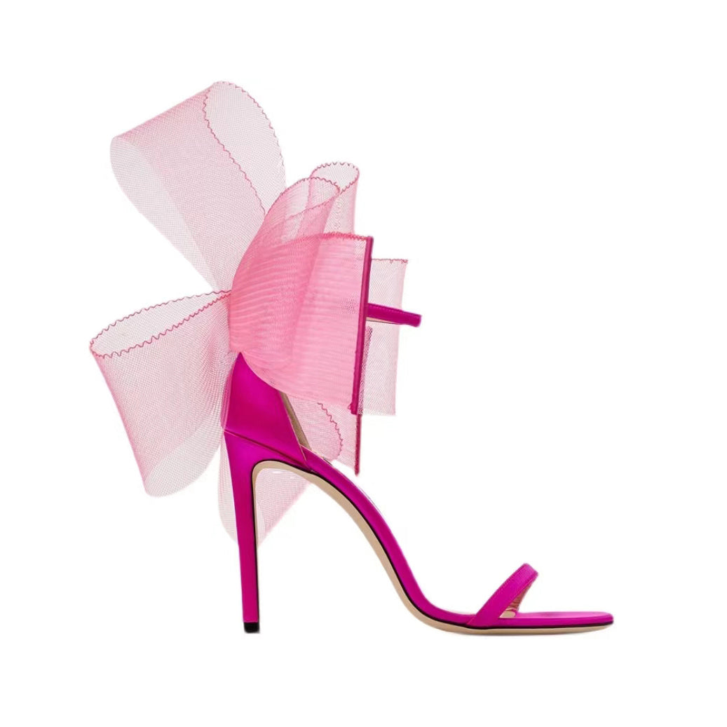 Asymmetric Bow Embellished Satin High Heel Sandals