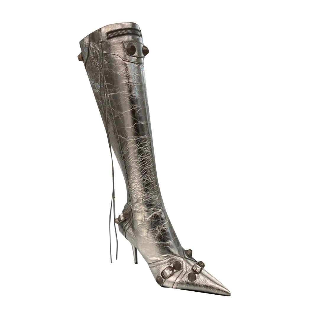 Studded And Buckled Leather Knee High Boots