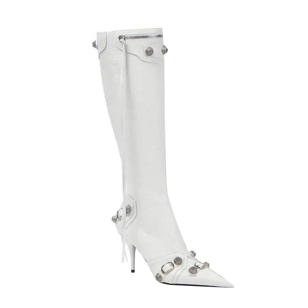 Studded And Buckled Leather Knee High Boots
