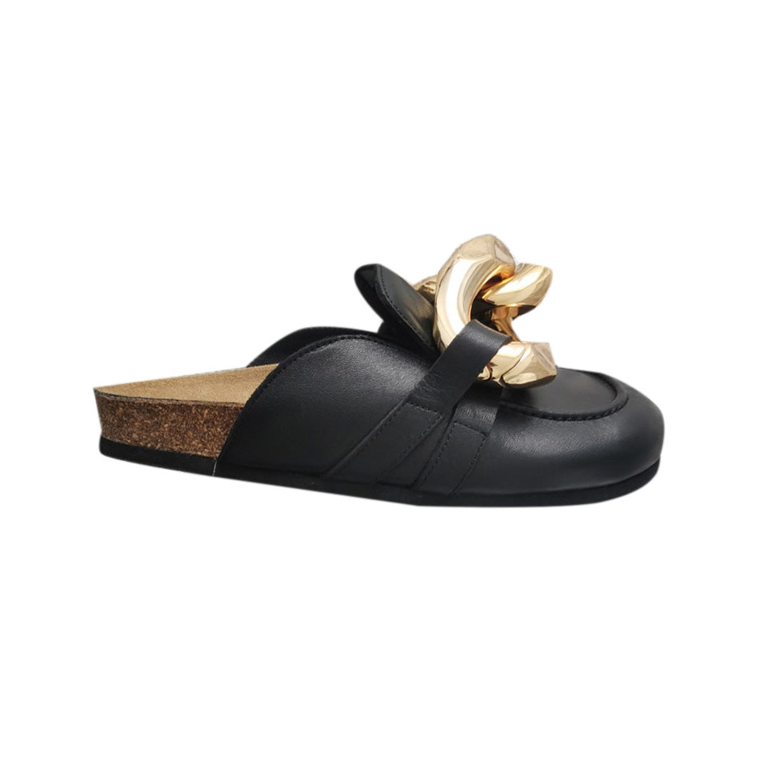 Chain Embellished Leather Flat Slippers Slides