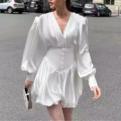 Puff Sleeves V Neck Mini Dress