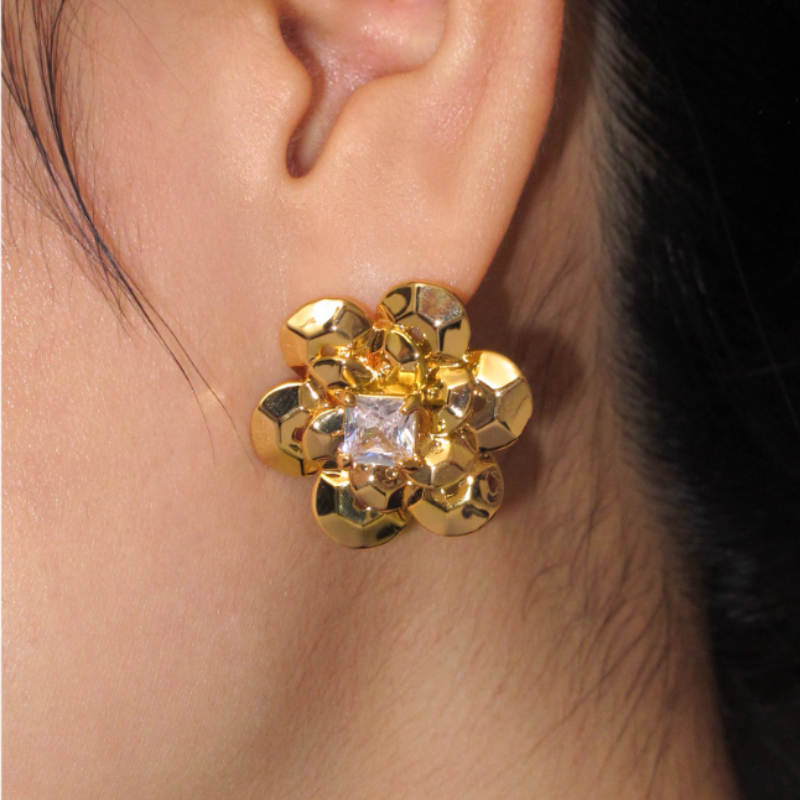 Diamante Flower Ear Studs - Pair
