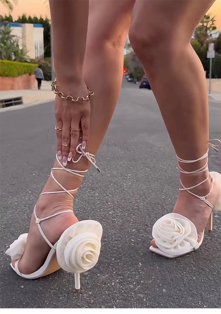Flower Lace Up Mid Heel Sandals