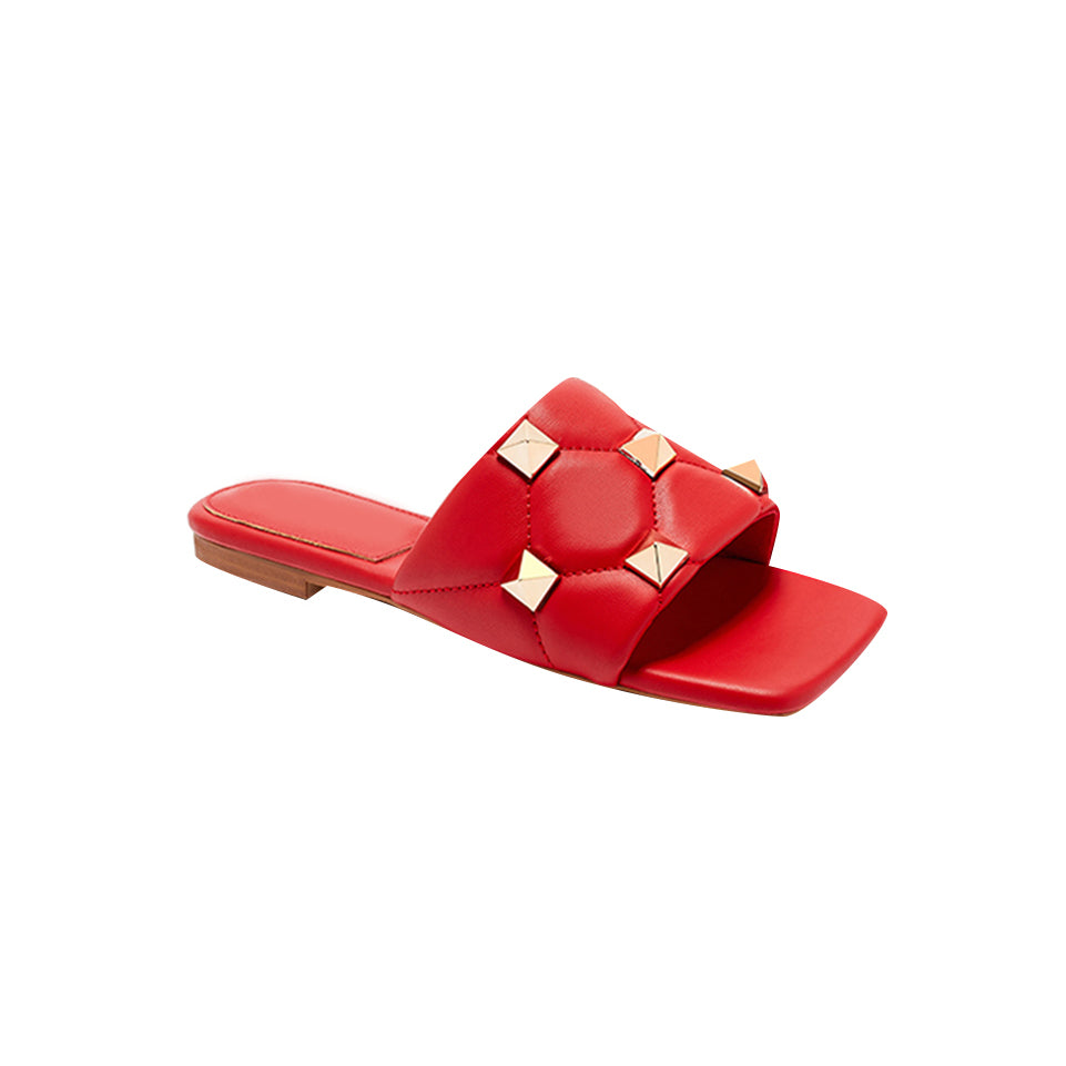 Studded Leather Flat Slippers Slides