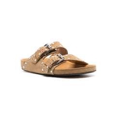 Buckled Studded Suede Flat Slippers Slides