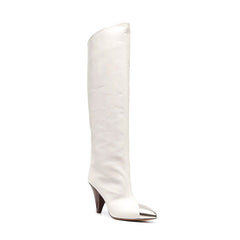 Metal Plated Leather Knee High Boots