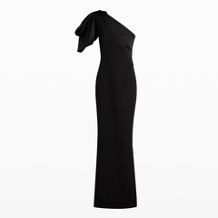Bow Asymmetric Shoulder Evening Dress Gown