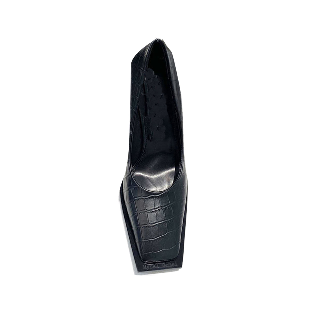 Square Toe Leather Mid Heel Pumps