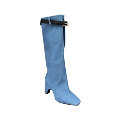 Buckled Denim Knee High Boots