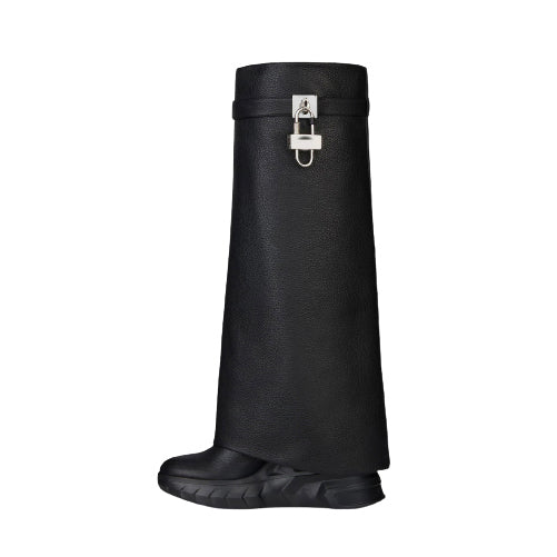 Lock Detailed Wedged Heel Leather Knee High Boots