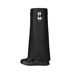Lock Detailed Wedged Heel Leather Knee High Boots