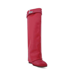 Leather Wedged Heel Knee High Boots