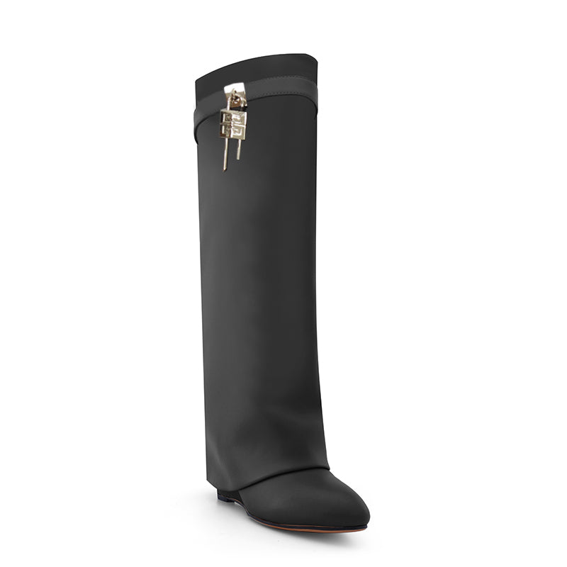Lock Detailed Leather Wedged Heel Knee High Boots