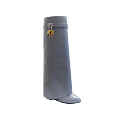 Lock Detailed Leather Wedged Heel Knee High Boots