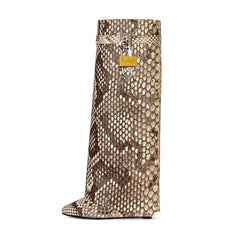 Lock Detailed Leather Wedged Heel Knee High Boots