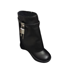 Lock Detailed Wedged Heel Leather Ankle Boots
