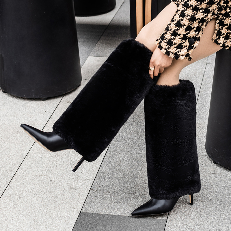 Leather And Fur Knee High Boots - 11.5cm