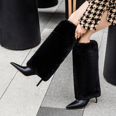 Leather And Fur Knee High Boots - 11.5cm
