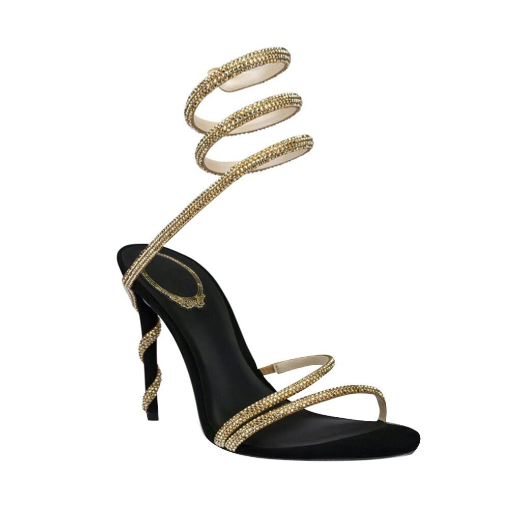 Diamante Ankle Wrap Mid Heel Sandals - 7.5cm