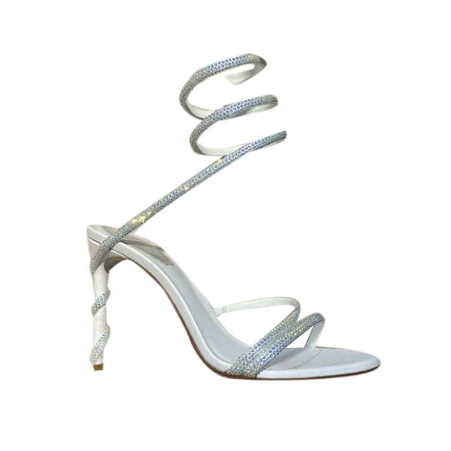 Diamante Ankle Wrap Mid Heel Sandals - 8cm