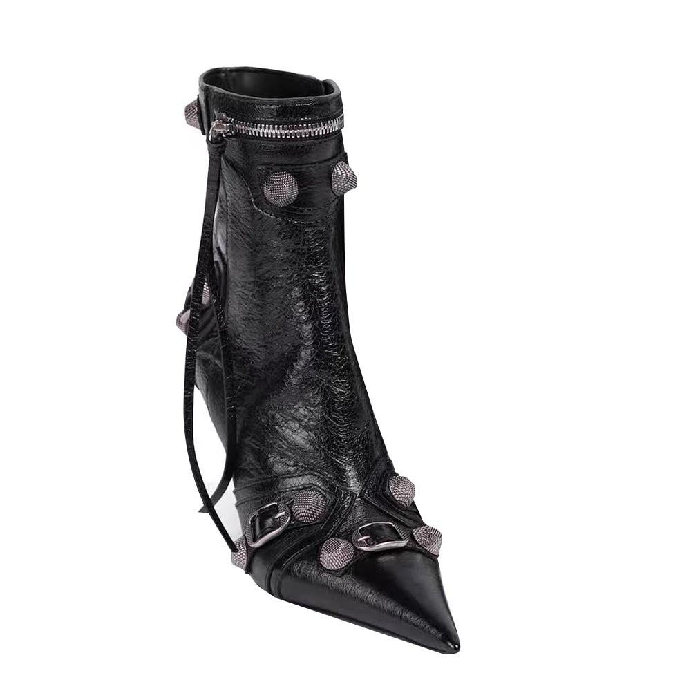 Studded And Buckled Leather Ankle Boots