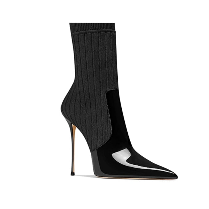 Knit And Patent Leather Ankle Boots - 8cm