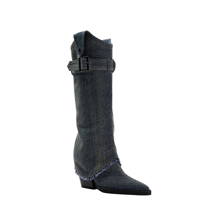 Buckled Denim Knee High Boots