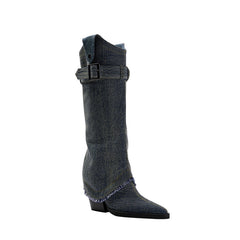 Buckled Denim Knee High Boots