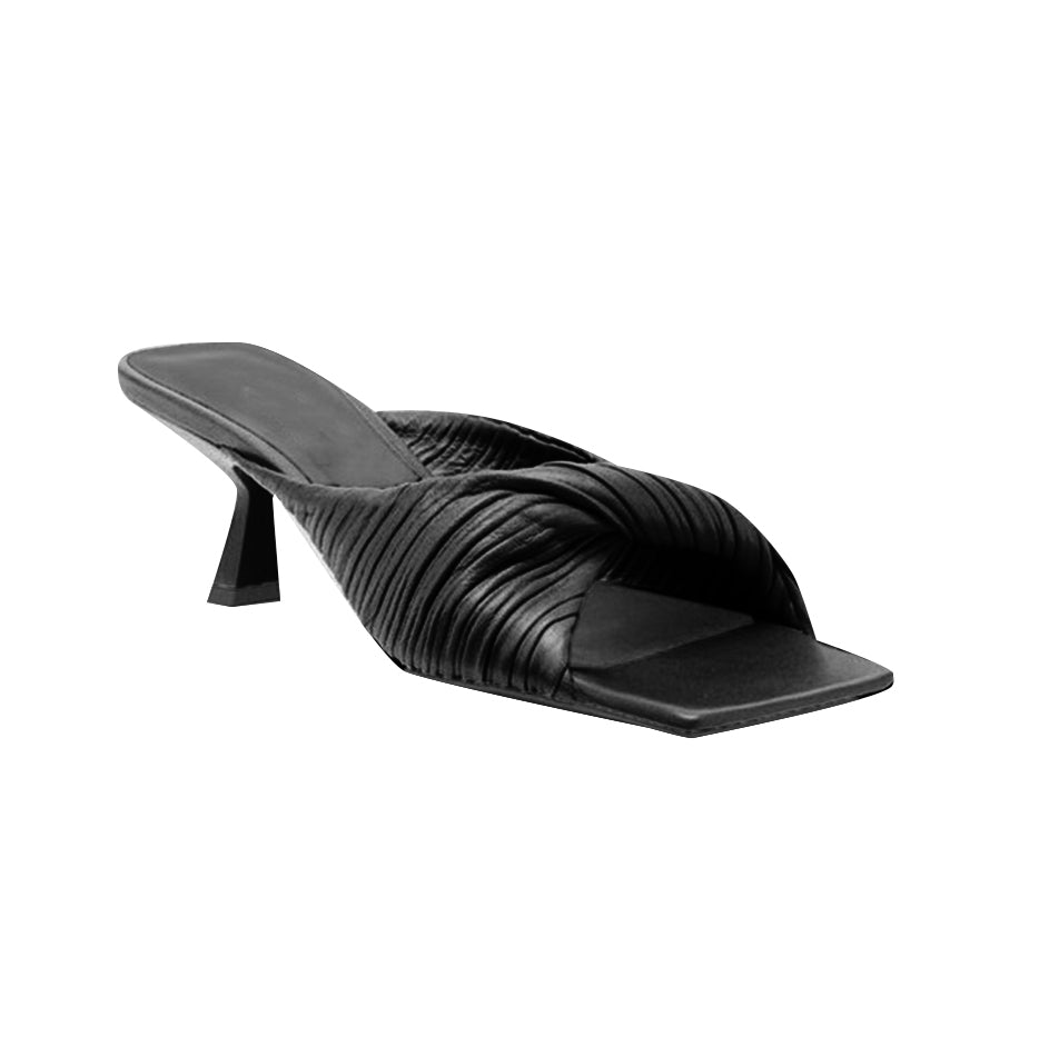 Fold Detailed Leather Mid Heel Mules Sandals - 6cm