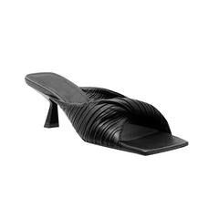 Fold Detailed Leather Mid Heel Mules Sandals - 6cm