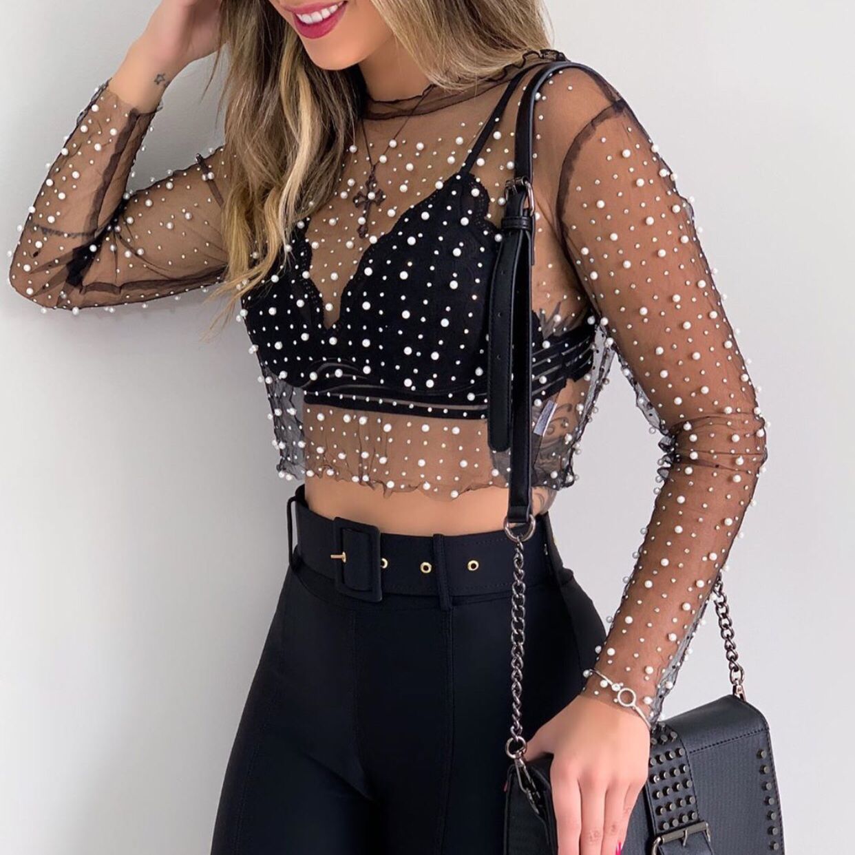 Pearl Embellished See-Through Top