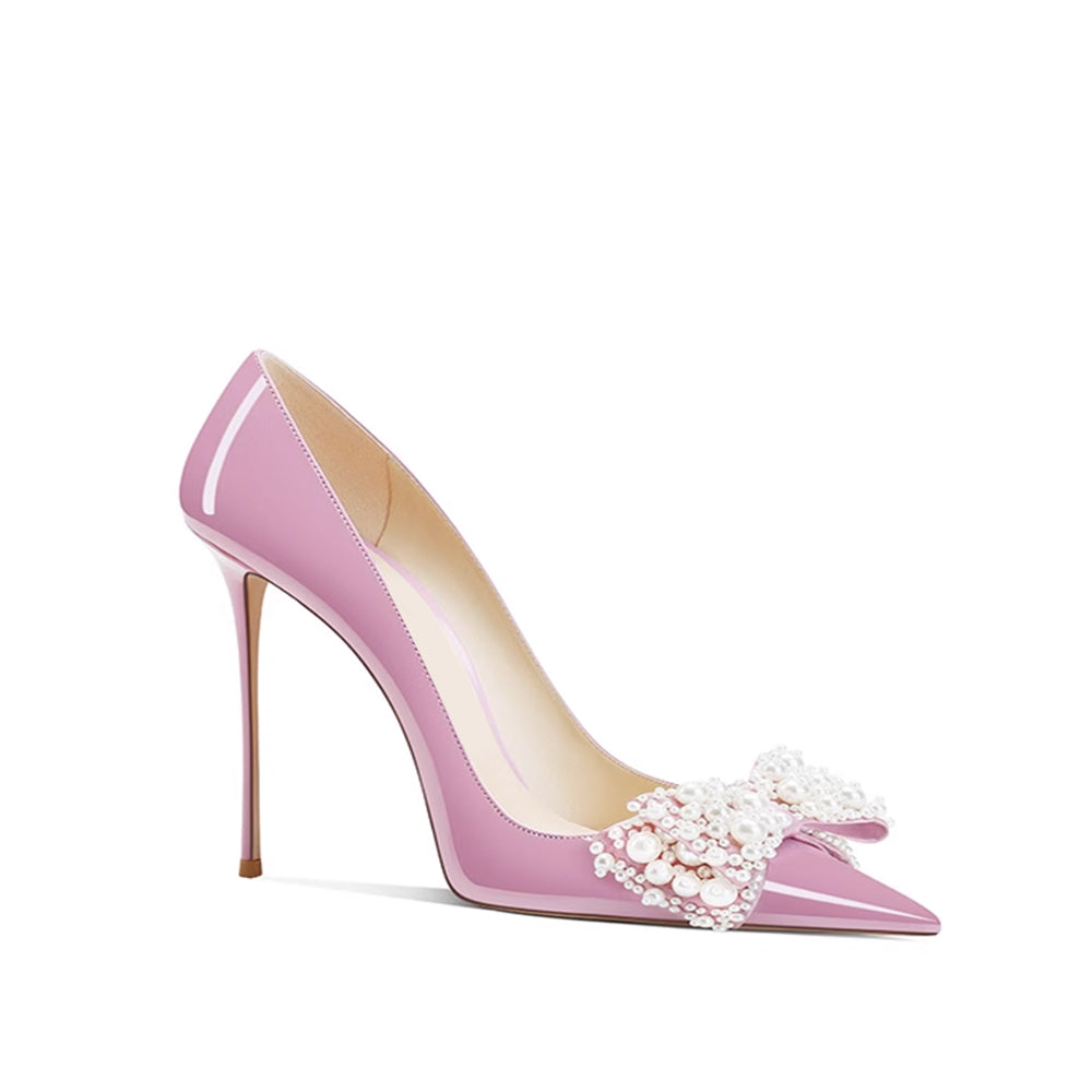Pearl Bow Mid Heel Pumps - 8cm