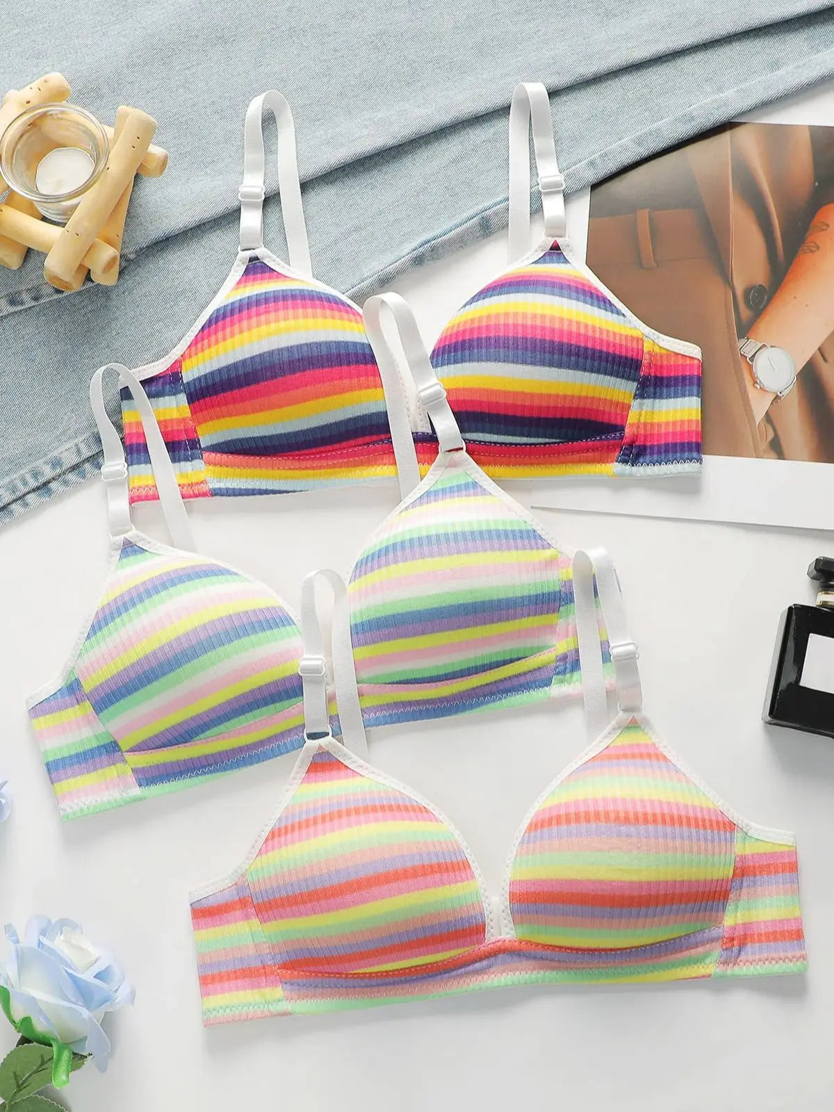 3 Pack Women Rainbow Striped Bra