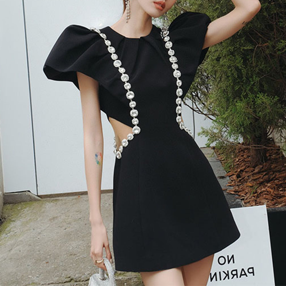 Diamante Puff Sleeves Mini Dress