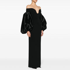 Off-Shoulder Puff Sleeves Evening Dress Gown