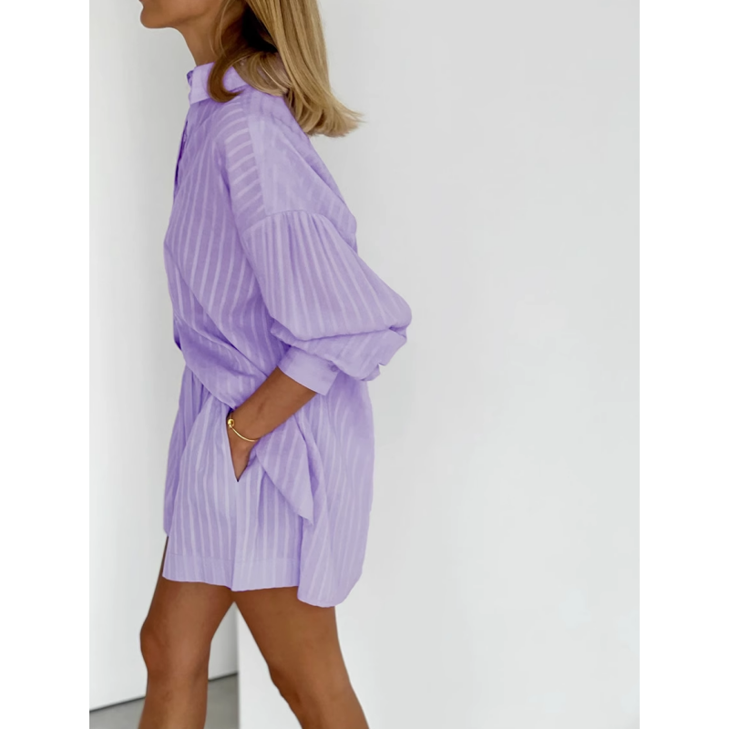 Striped Long Sleeves Shirt And Mini Shorts