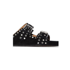 Buckled Studded Suede Flat Slippers Slides