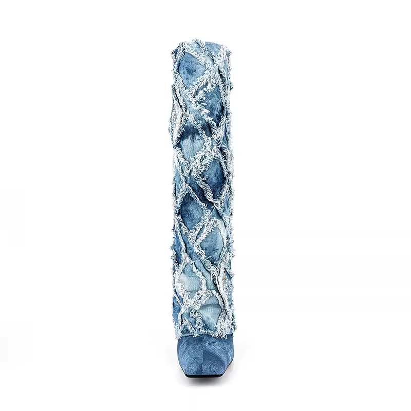 Diamante Denim Knee High Boots