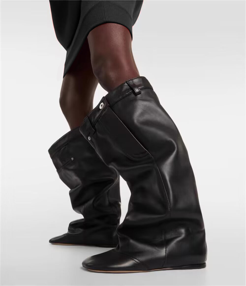 Wedged Heel Leather Ankle Boots
