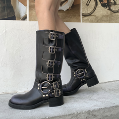 Buckled Leather Knee High Boots