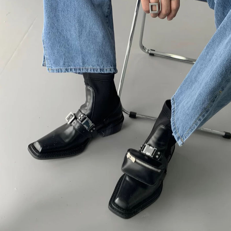 Leather Utility Biker Boots With Pockets
