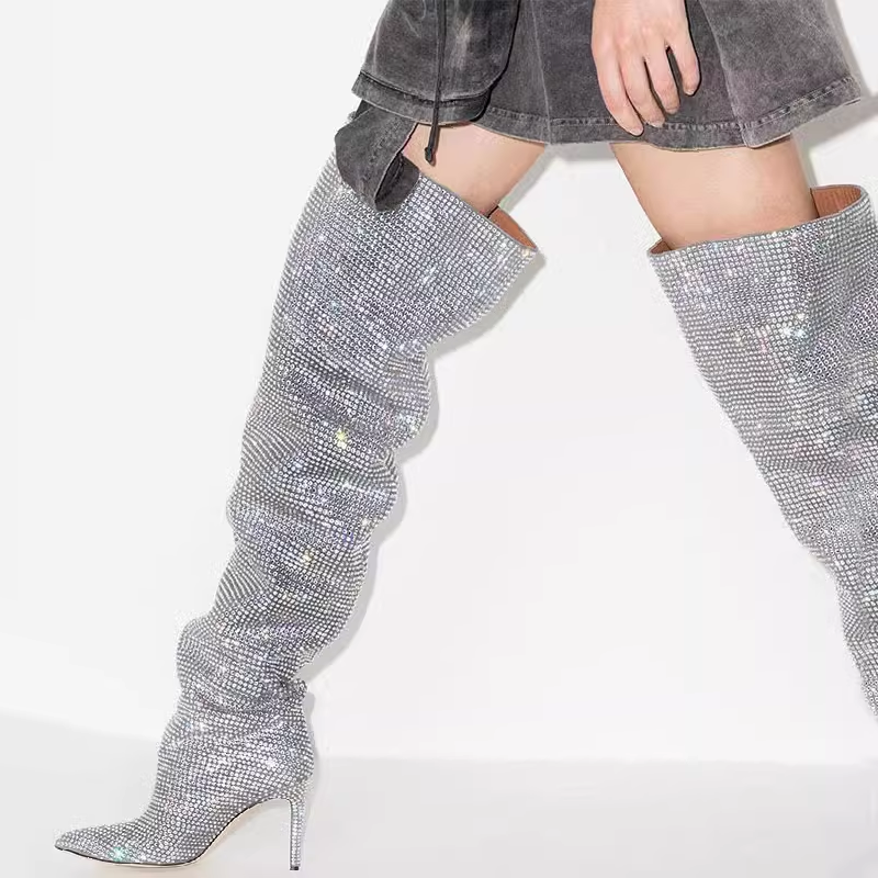 Diamante Stiletto Heel Over The Knee Boots - 8.5cm