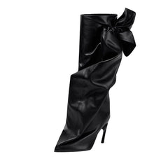 Bow Leather Knee High Boots