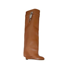 Lock Detailed Leather Wedged Heel Knee High Boots