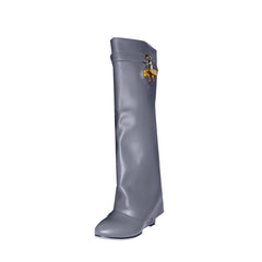 Lock Detailed Leather Wedged Heel Knee High Boots
